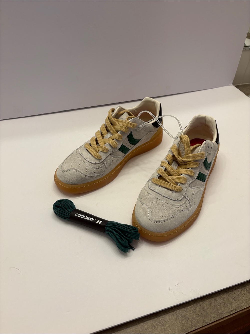 Coolway Suede Low-Top Sneakers in Cream with Green Accent